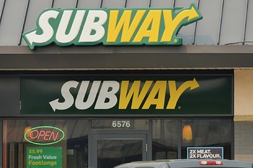 A view of Subway logo in Edmonton's downtown.