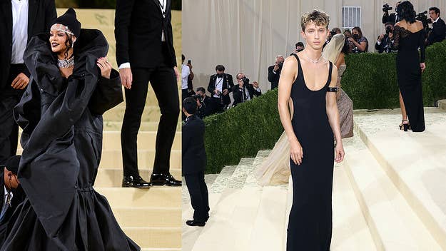 Following the Met Gala, Troye Sivan shared a picture of himself attempting to pee with his dress on that he says Rihanna wanted Tom Daley to take for her.