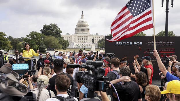 A crowd of protesters gathered at the U.S. Capitol on Saturday in support of the more than 600 people charged in connection with the Jan. 6 riots.
