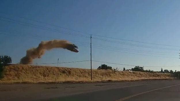 Footage captured by another car's dashboard cam shows a driver going airborne after their vehicle went off the road in Yuba City, California.