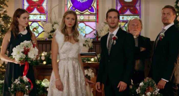 a couple about to get married, turned forward and looking at something in shock