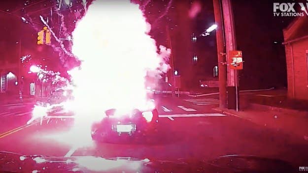 The incident was caught on video, showing a white Infiniti G37 pull up next to a stopped car, when someone throws an active firework into a convertible.