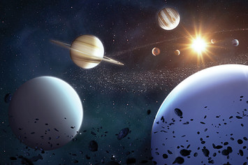 Illustration of the Solar System viewed from beyond Neptune, with all eight planets visible around the Sun.