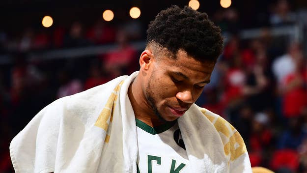 Giannis Antetokounmpo of the Milwaukee Bucks hyperextended his left knee while playing against the Atlanta Hawks in Game 4 on Tuesday night.