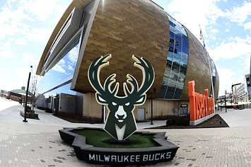 A general view of the exterior of the Fiserv Forum, home of the Milwaukee Bucks.