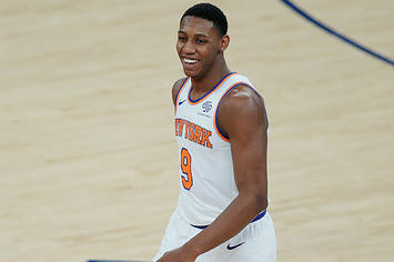 New York Knicks star RJ Barrett smiles during a game