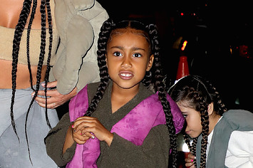 Kim Kardashian West and North West are seen arriving at a restaurant