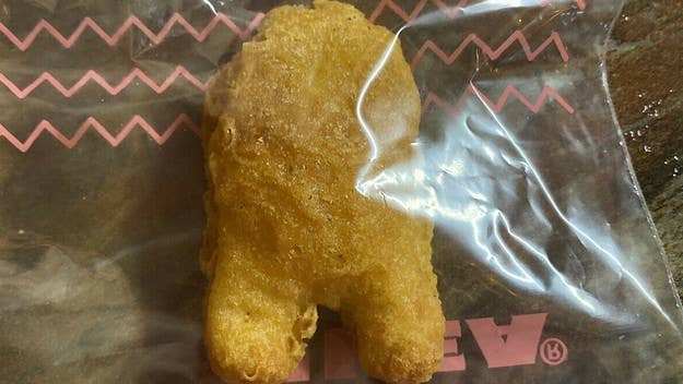 A chicken nugget strongly resembling a crewmate from the game 'Among Us,' taken from the BTS McDonald's meal no less, sold for $99,997 on eBay.