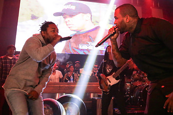 Kendrick Lamar and The Game on stage at "The Documentary" 10th anniversary party