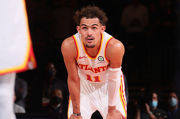Trae Young #11 of the Atlanta Hawks looks on