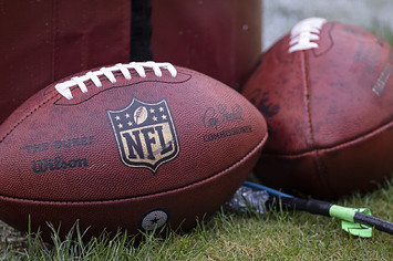 A detailed view of official NFL footballs