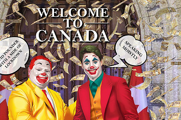 Portrait of Doug Ford and Justin Trudeau as clowns
