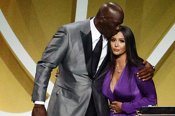 Vanessa Bryant greeted by Michael Jordan after speaking on behalf of Kobe Bryant.