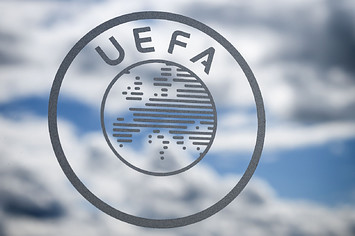 The UEFA logo is seen during the draw for the semi-finals round of the UEFA Champions League.