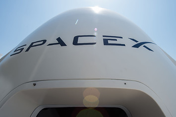 Mock up of the Crew Dragon spacecraft displayed during a media tour of SpaceX headquarters.