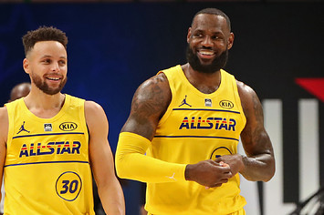 Stephen Curry #30 and LeBron James #23 of Team LeBron