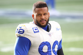 Aaron Donald #99 of the Los Angeles Rams looks on