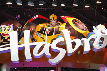 A Hasbro sign hangs above the Hasbro booth at the Licensing Expo 2016.