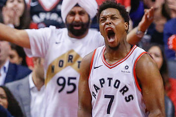Kyle Lowry screams at game in Toronto's Scotiabank Arena while Superfan Nav Bhatia cheers on