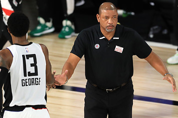 Doc Rivers of the LA Clippers reacts with Paul George #13 of the LA Clippers