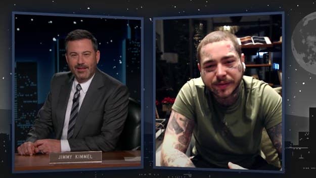 Post Malone appeared via livestream from his place in Utah on the latest episode of 'Jimmy Kimmel Live.' The two talked tattoos, Costco, and NYE.