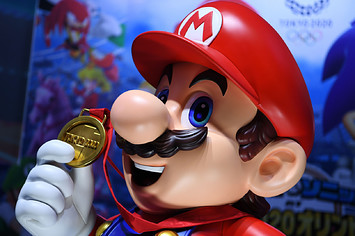 Mario is seen at a promotional booth for "Mario & Sonic at the Olympic Games Tokyo 2020."