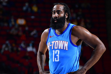 James Harden looks on during the game against the Los Angeles Lakers.