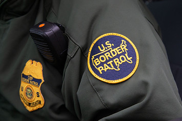This photo shows US Border Patrol patch on a border agent's uniform in McAllen, Texas.