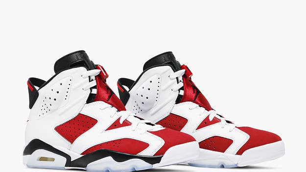 30 years since its debut, the Air Jordan 6 "Carmine" is back for the first time with "Nike Air" heel branding and original packaging. Pick up a pair on GOAT now