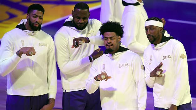 The huge rings, which were designed by Jason of Beverly Hills with help from Don C, contain 16.45 carats and 804 stones, as well as tributes to Kobe Bryant.