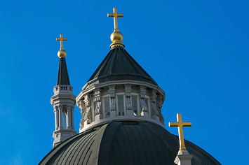 Religious crosses adorn the roof of the downtown Cathedral