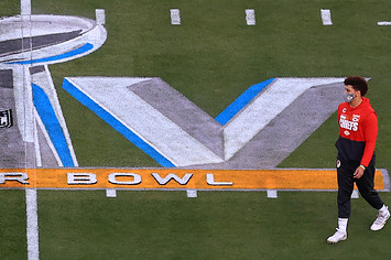 Patrick Mahomes near Super Bowl LV logo