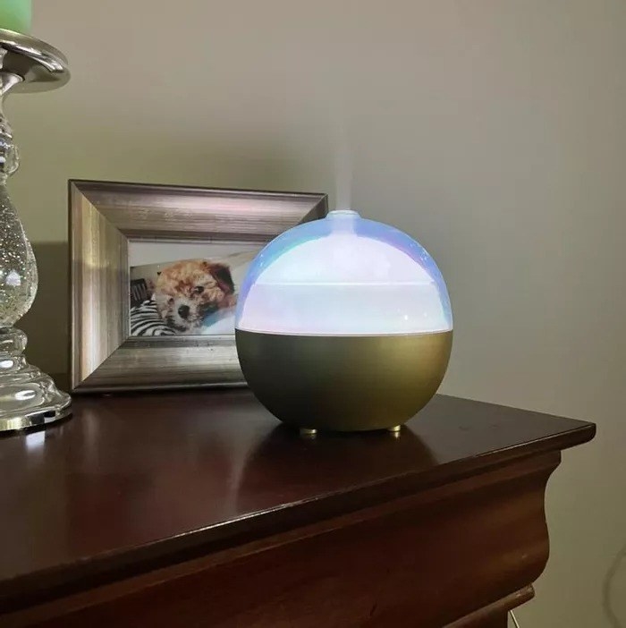 A reviewer image of the diffuser in use on top of a wooden table with a framed picture of a puppy in the background