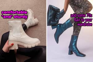 white chelsea boot on the left and blue boot on the right