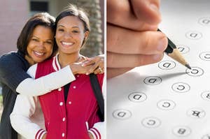 Mom smiles with college daughter versus person filling in letter bubbles on test