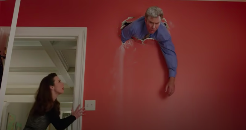 A man is stuck in a wall while a woman looks panicked