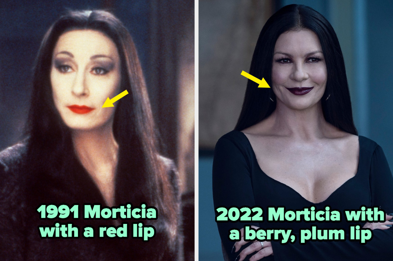 a side by side photo of morticia with red lips in 1991 and morticia with plum lips in 2022