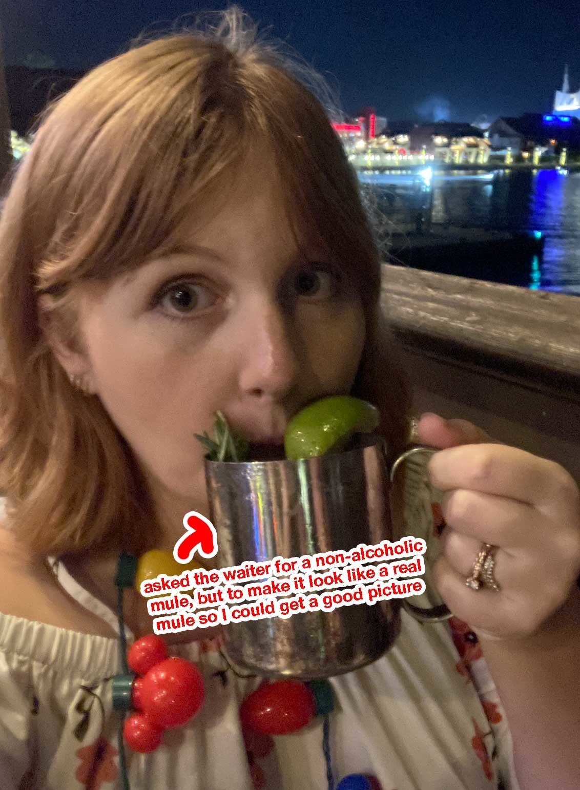 the author with a beverage and the words &quot;asked the waiter for a non-alcoholic mule, but to make it look like a real mule so I could get a good picture&quot;