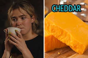 On the left, Haley Lu Richardson holding a cup of coffee to her lips as Portia on The White Lotus, and on the right, two blocks of cheddar cheese