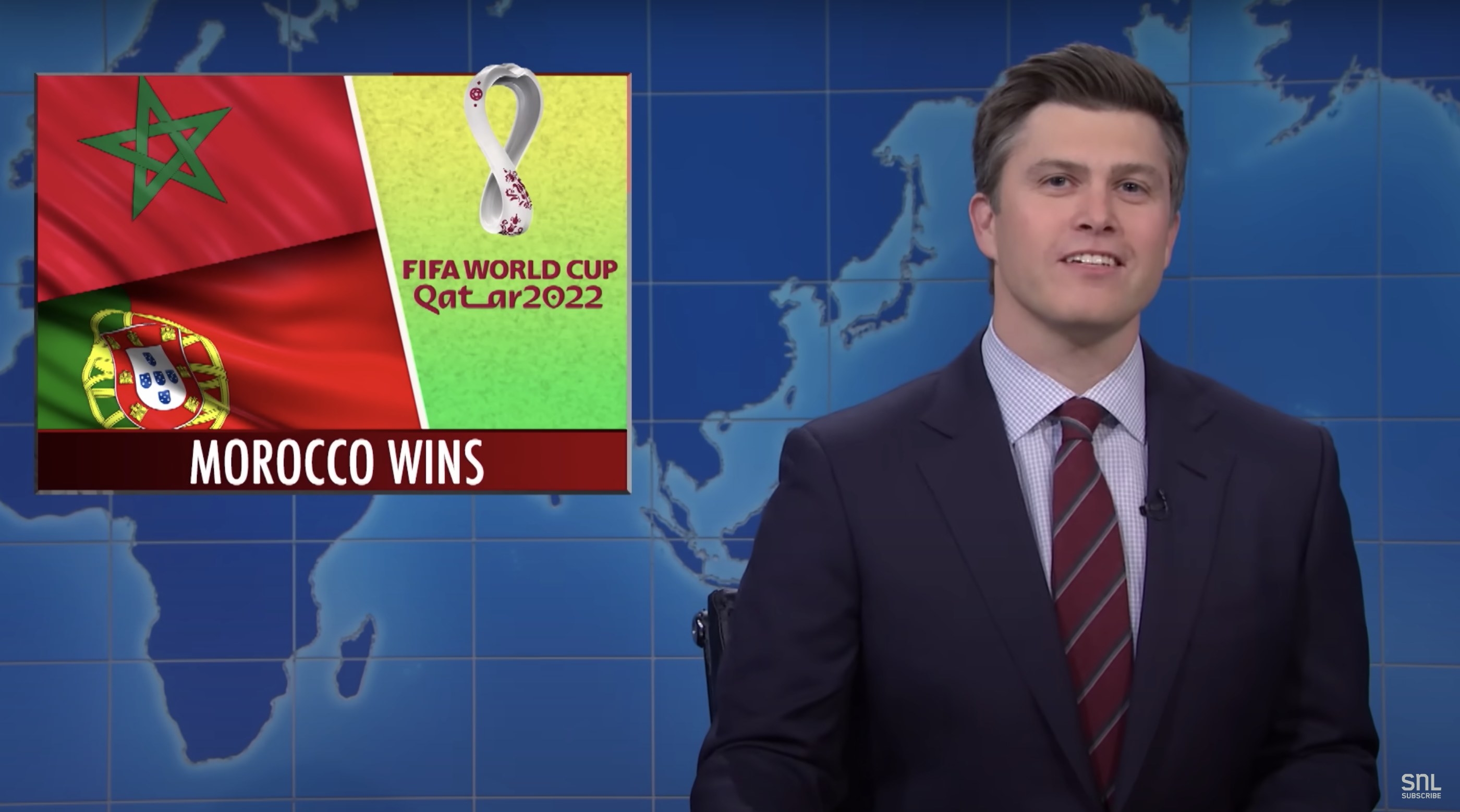Colin at the Weekend Update desk with &quot;Morocco wins&quot; headline