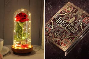 side by side photos of a rose in a glass with lights around it, and a deck of Harry Potter cards