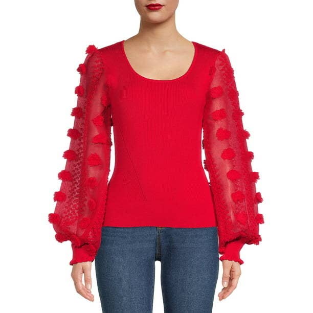 model wearing the blouse in red
