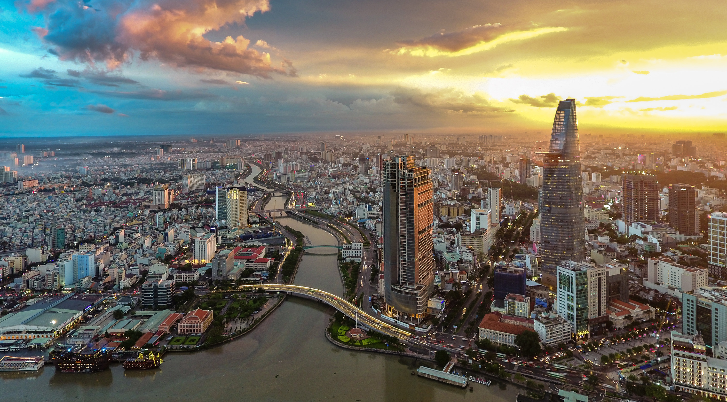 Beautiful sunset of Saigon skyline, aerial view of Business and Administrative District