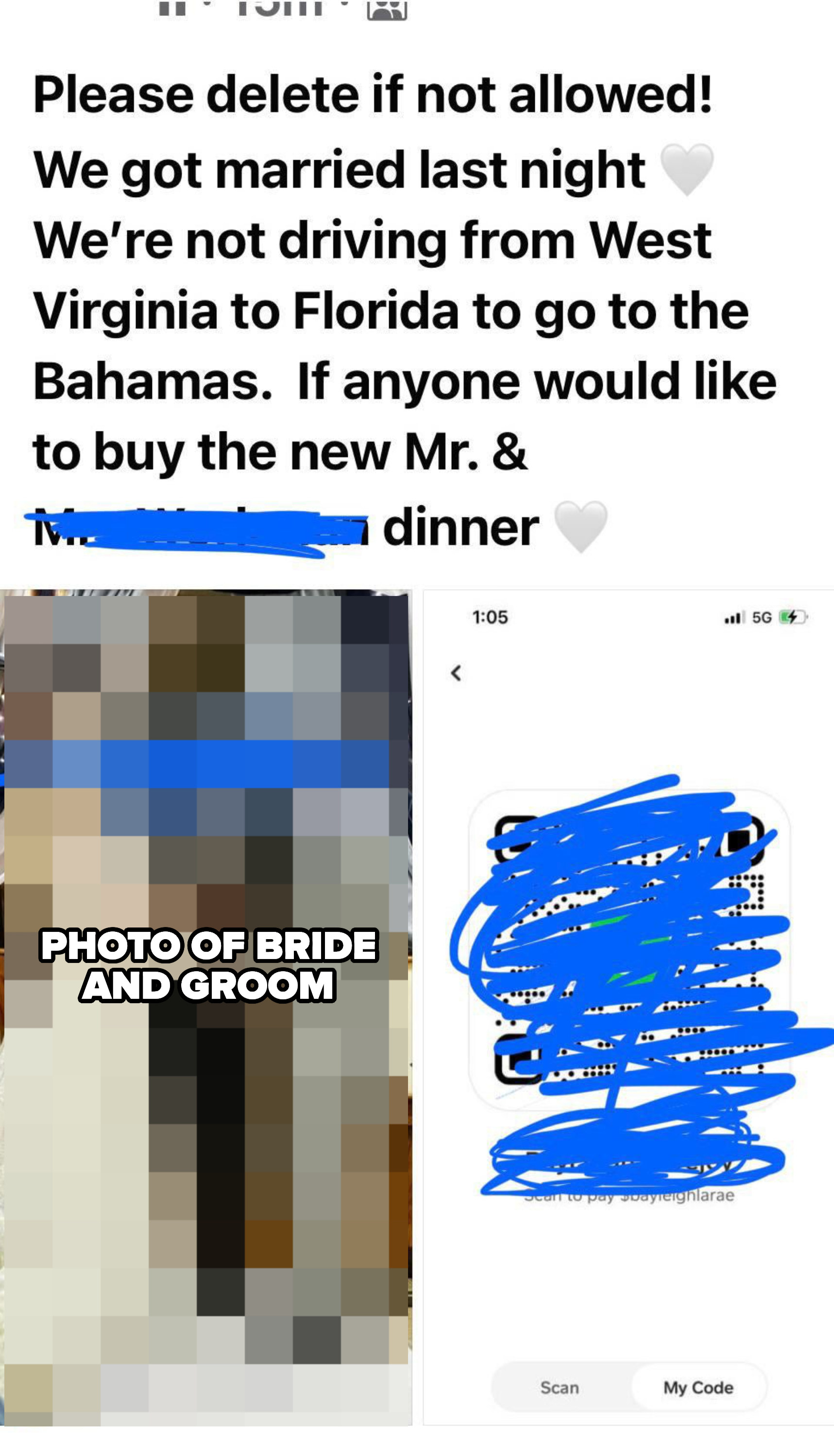 picture of the bride and groom getting married and then a QR code to send money