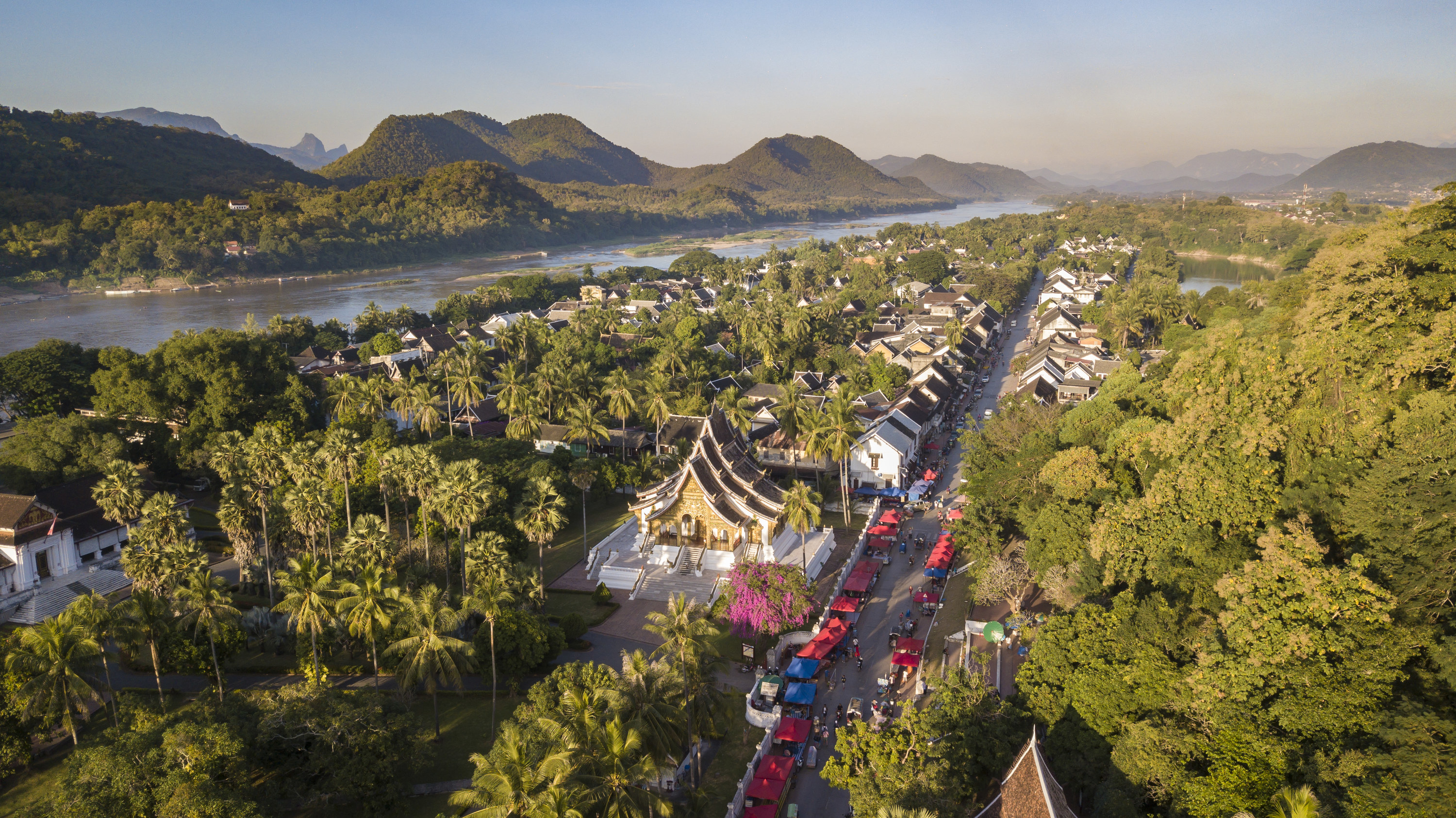 Aerial photograph of UNESCO heritage town of Luang Prabang in Laos, southeast Asia