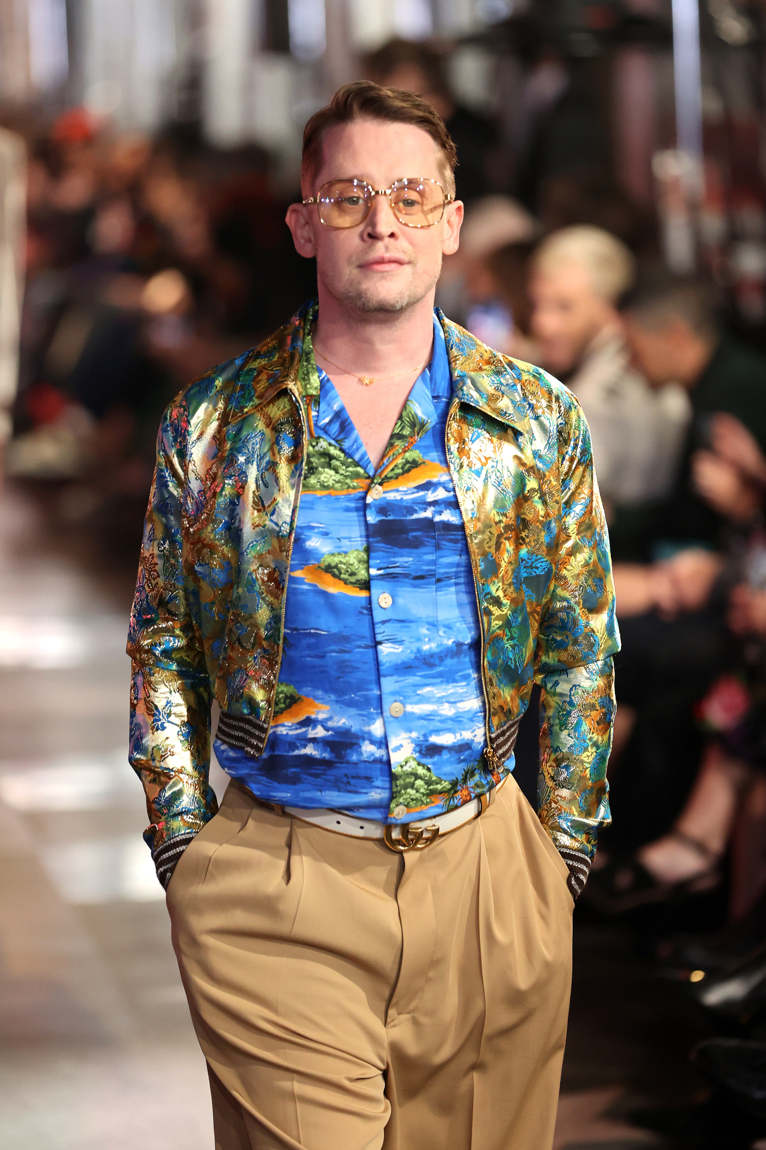 LOS ANGELES, CALIFORNIA - NOVEMBER 02: Macaulay Culkin walks the runway during Gucci Love Parade on November 02, 2021 in Los Angeles, California