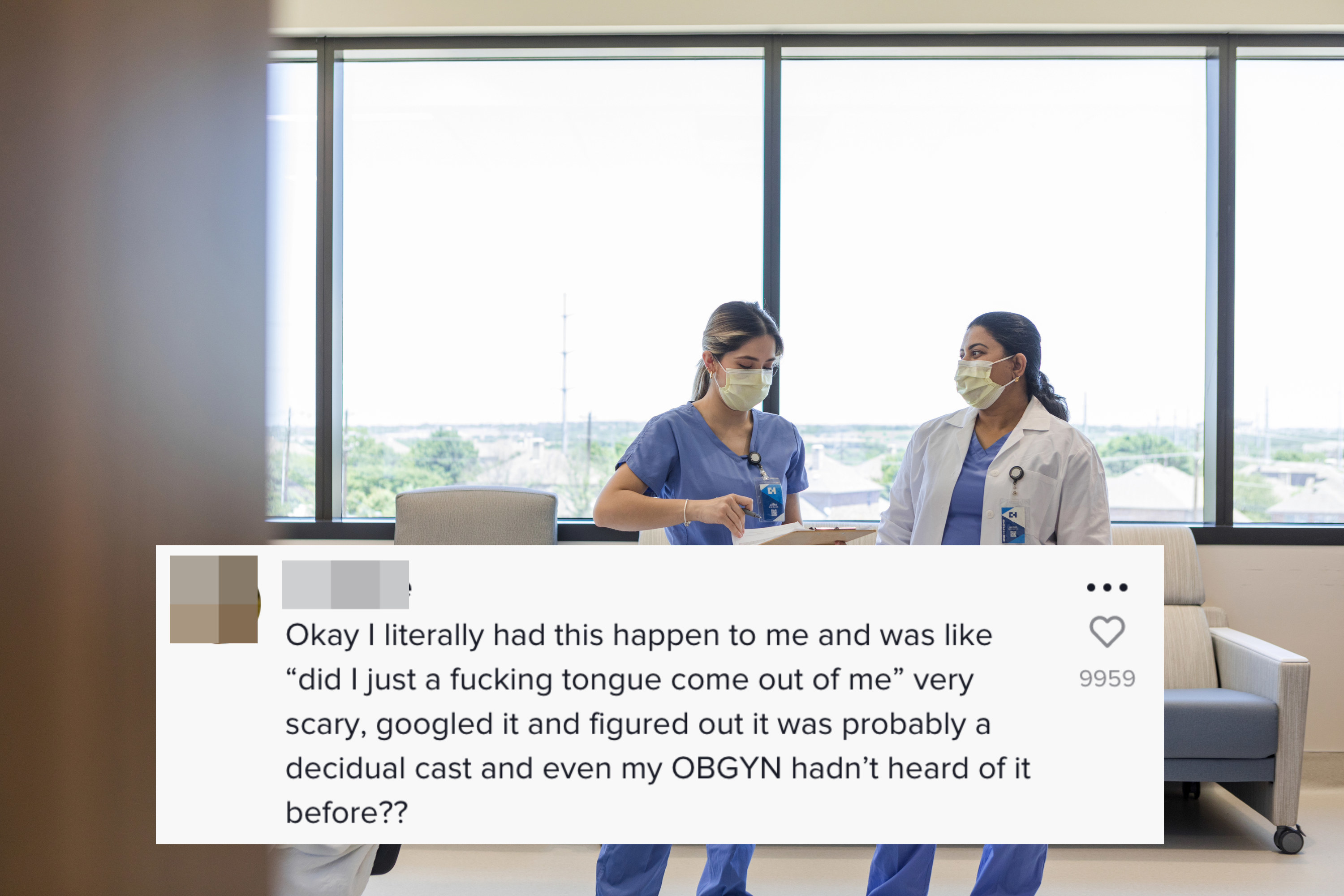 nurse discussing patient file with a doctor overlaid with tiktok comment saying this happened to me and my obgyn hadn&#x27;t heard of it before