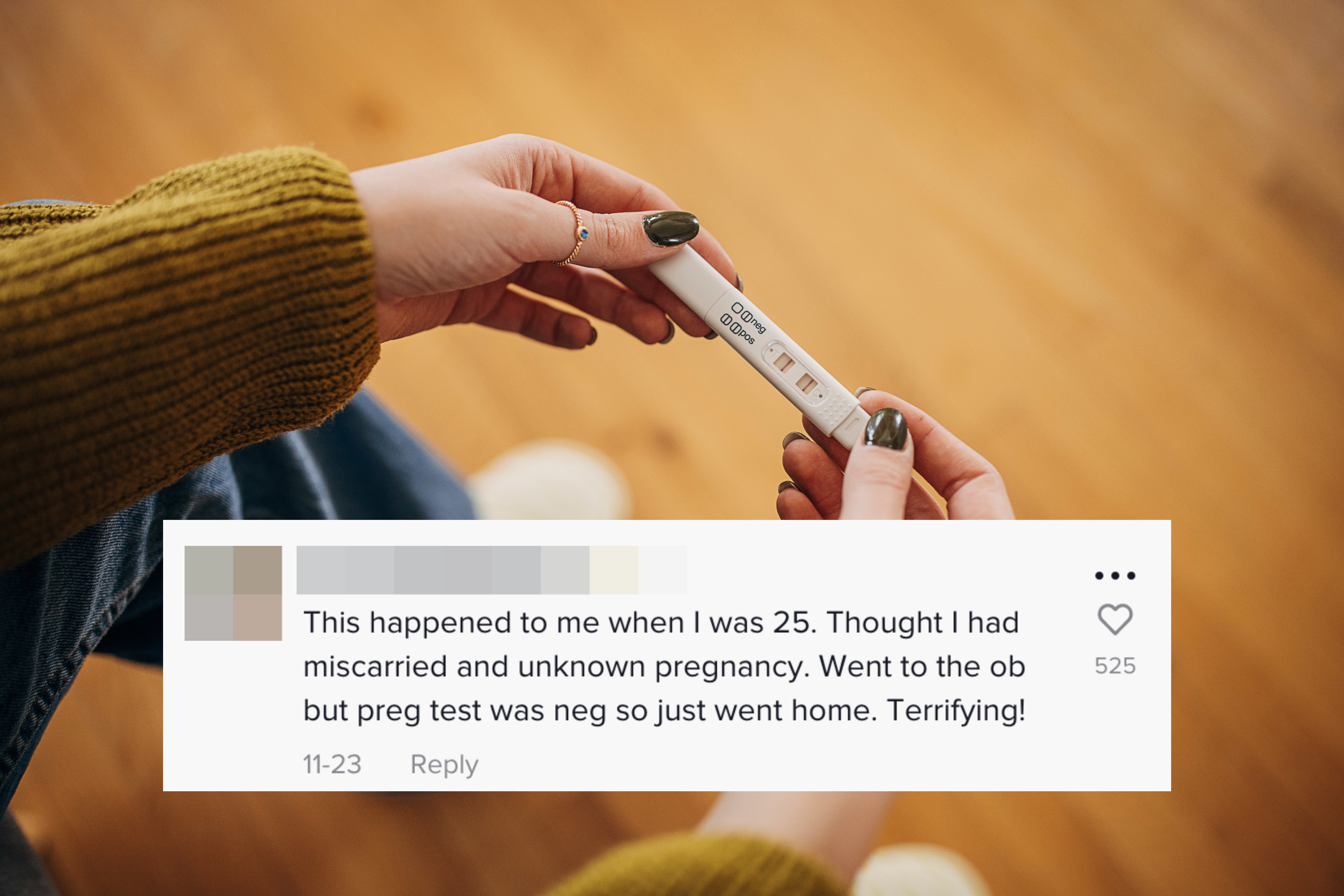 woman holding a positive pregnancy test and tiktok comment saying this happened to me and I thought I had miscarried an unknown pregnancy