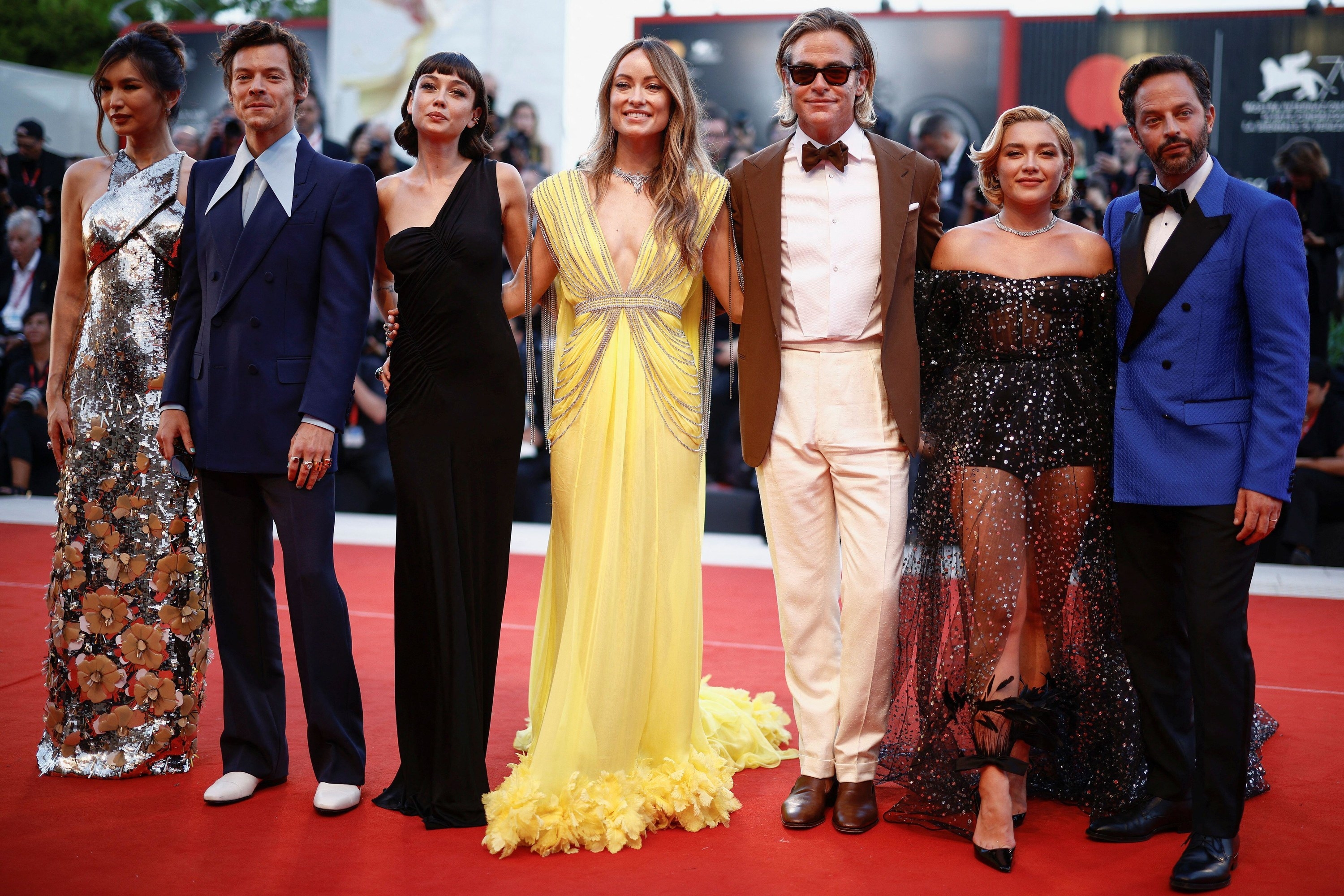 Gemma Chan, Harry Styles, Sydney Chandler, Olivia Wilde, Chris Pine and Florence Pugh at the Venice Film Festival premiere of Don’t Worry Darling.