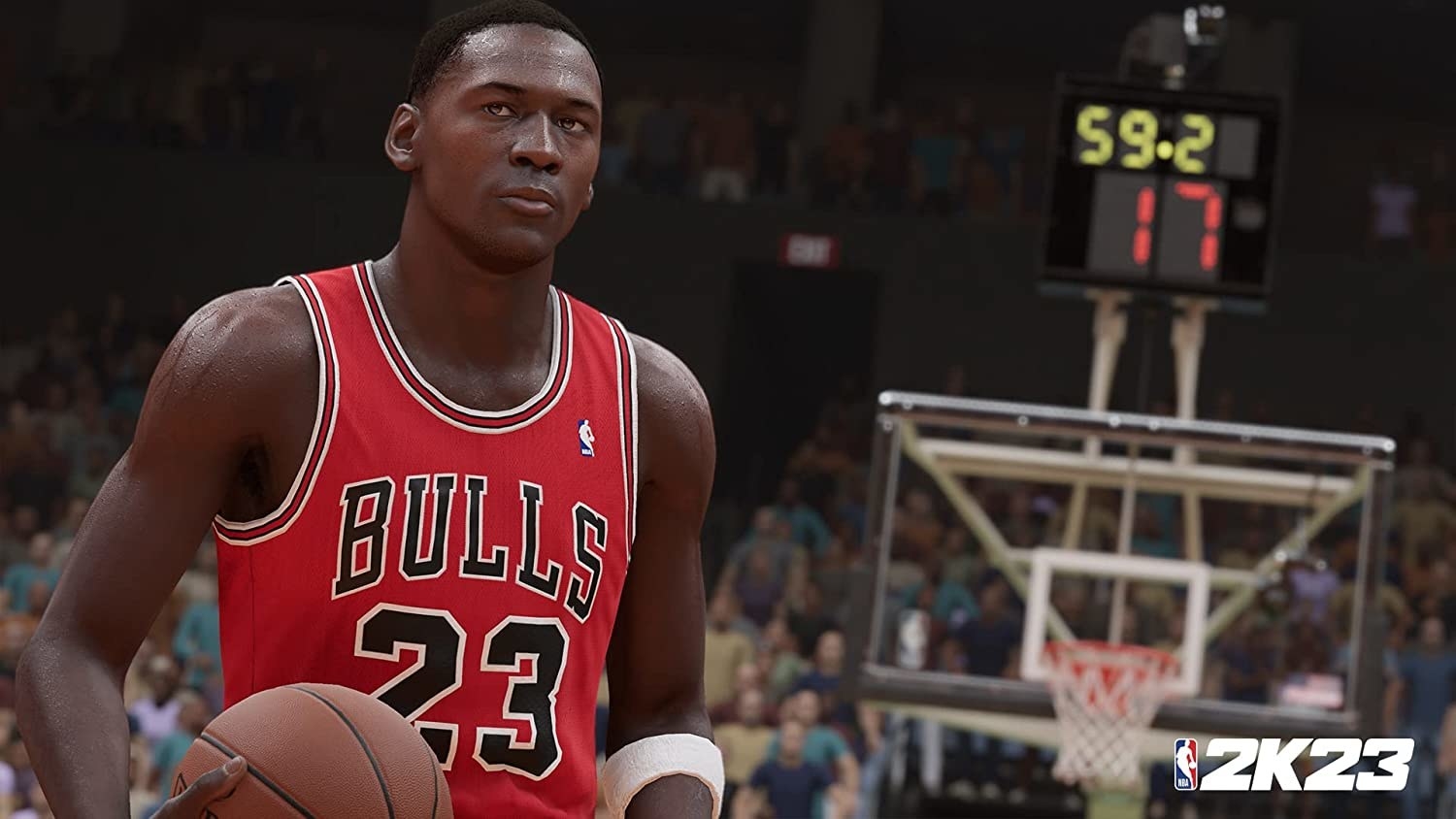 Michael Jordan wearing a Bulls jersey on court